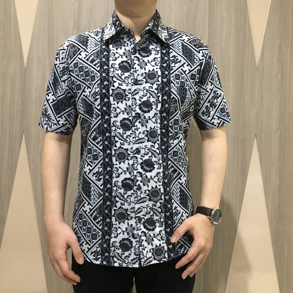 [gridline - R088] Kemeja Batik Pria Katun Lengan Pendek Regular Abu Putih Hitam Pastel