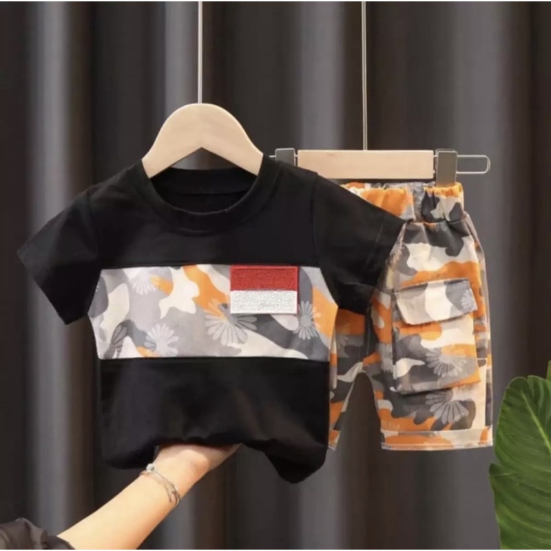 kaos anak setelan baju dan celana anak bendera indonesia 1-5 tahun