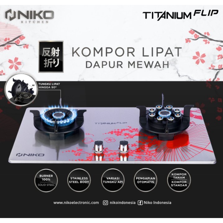 Niko Kompor Gas 2 Tungku TITANIUM FLIP TF20 Kompor Tanam &amp; Lipat / kompor gas kaca / kompor kaca