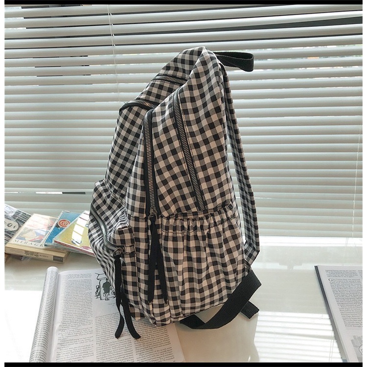 Mores Tas Ransel Laptop Wanita Niky Monokrom Tartan Korean Polyester backpack Nilon import remaja kuliah sekolah motif Gingham Hitam Putih