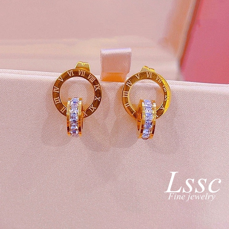 Anting Titanium Angka Romawi Zirkon Emas 18K Anti Karat Aksesoris Fahion Korea