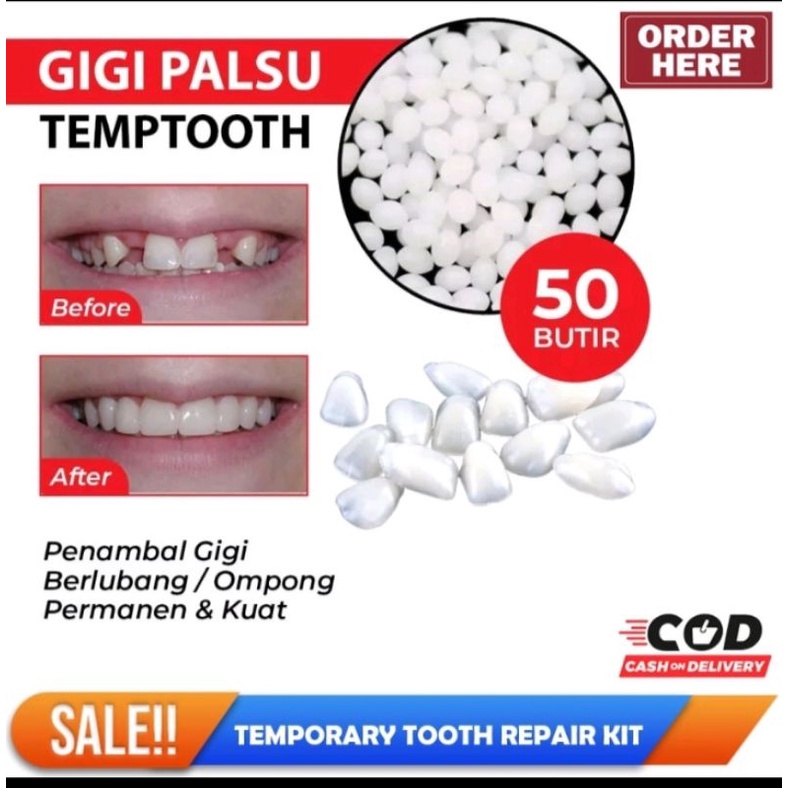 COD - [ 50 BUTIR ] Penambal Gigi Berlubang Temptooth Gigi Palsu Atas Bawah Penutup Gigi Berlubang
