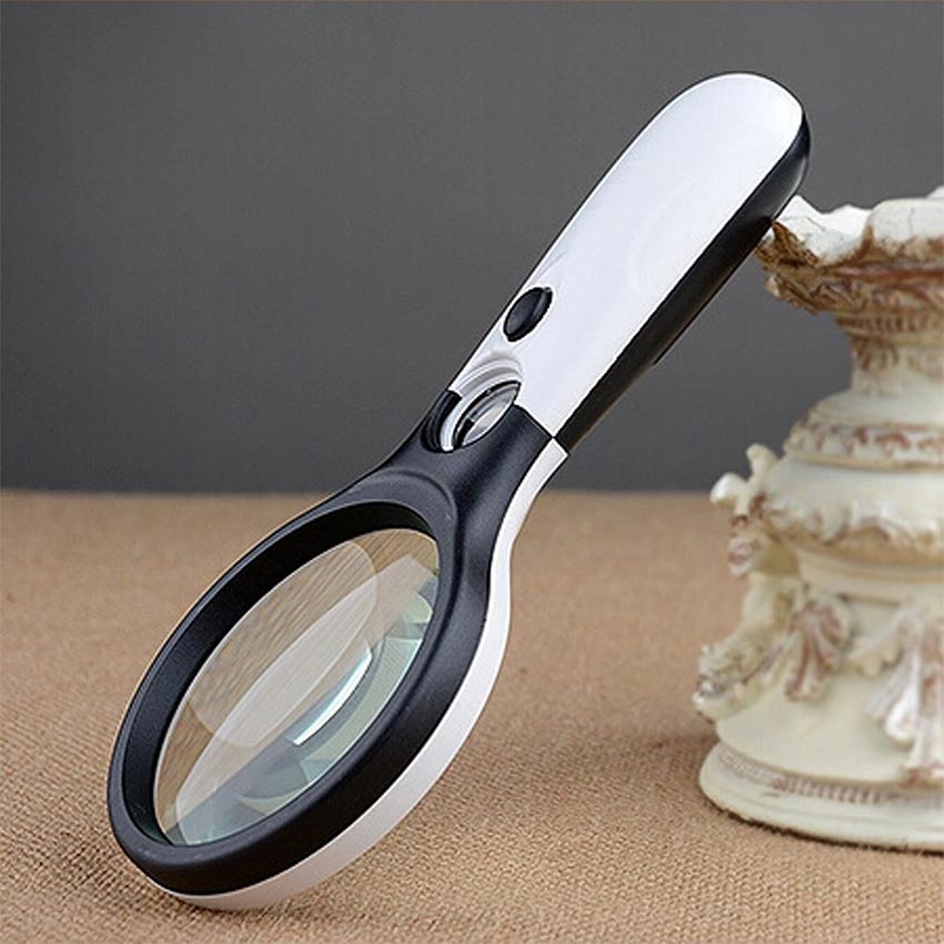 2in1 Kaca Pembesar Dengan Lampu 3 LED Magnifier Gelas Loop Magnifying Lup Zoom mata uang jewelry Baca 3X 45X 75mm 22mm