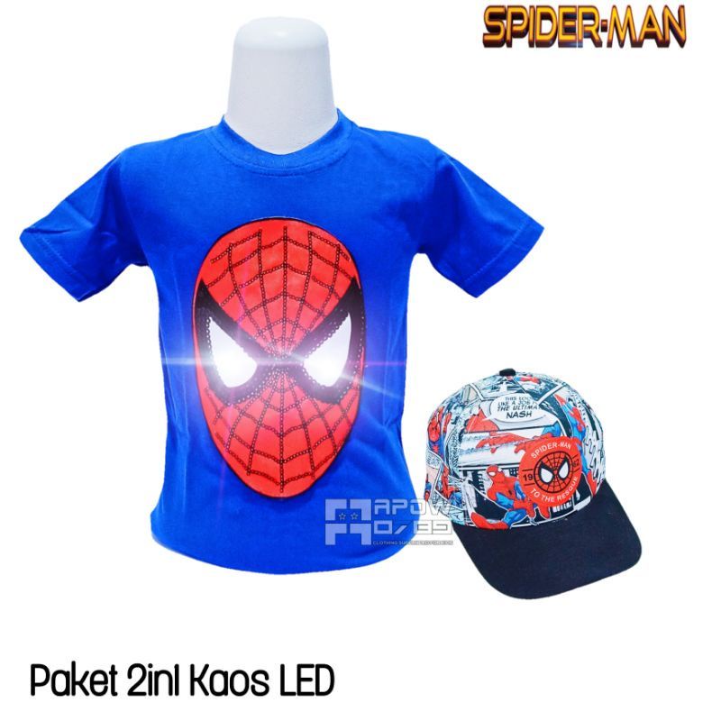 Paket Murah 2in1 Kaos anak Led Spiderman/ Baju anak laki-laki/ Usia 2-10thn/ Bonus topi