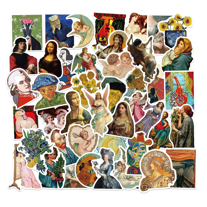 50PCS Famous painting stickers Van Gogh Oil Painting Pattern Mona Lisa world masterpiece cool laptop decoration sticker