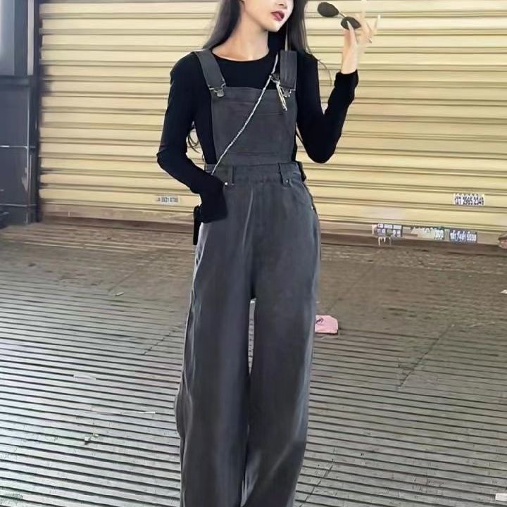 Overall denim retro abu-abu untuk wanita 2022 musim semi dan musim panas celana pel lurus ramping pi