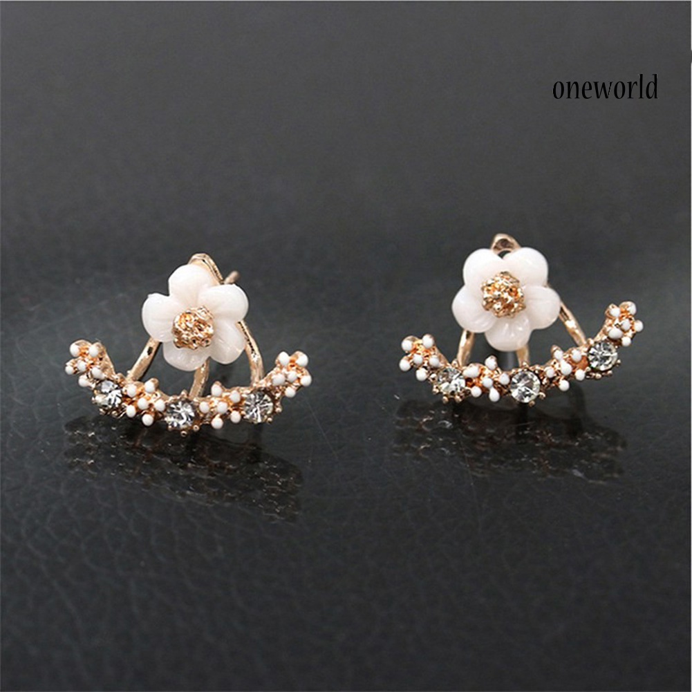 OW@ Women Cute Daisy Shape Rhinestone Inlaid Ear Jacket Earrings Party Jewelry Gift