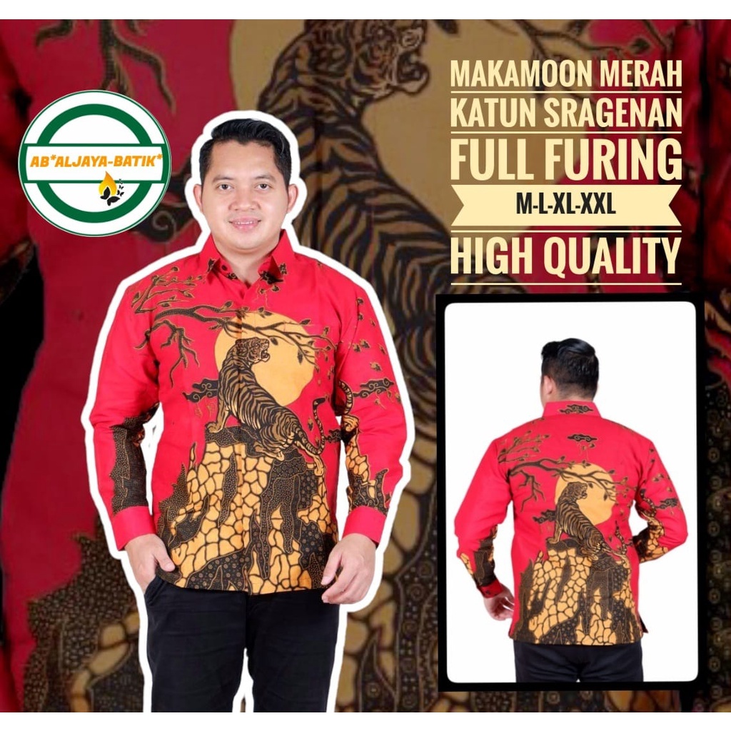 MACAN BULAN MERAH Kemeja Batik Pria Premum Full Furing Warna MERAH mACAN Katun Halus Primisima Asli Batik solo