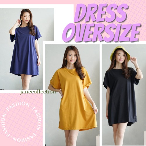 JANE COLLECTION || Midi Dress Wanita Katun XXL Bigsize Dress Oversize Polos Hitam Navy Mustard Pink