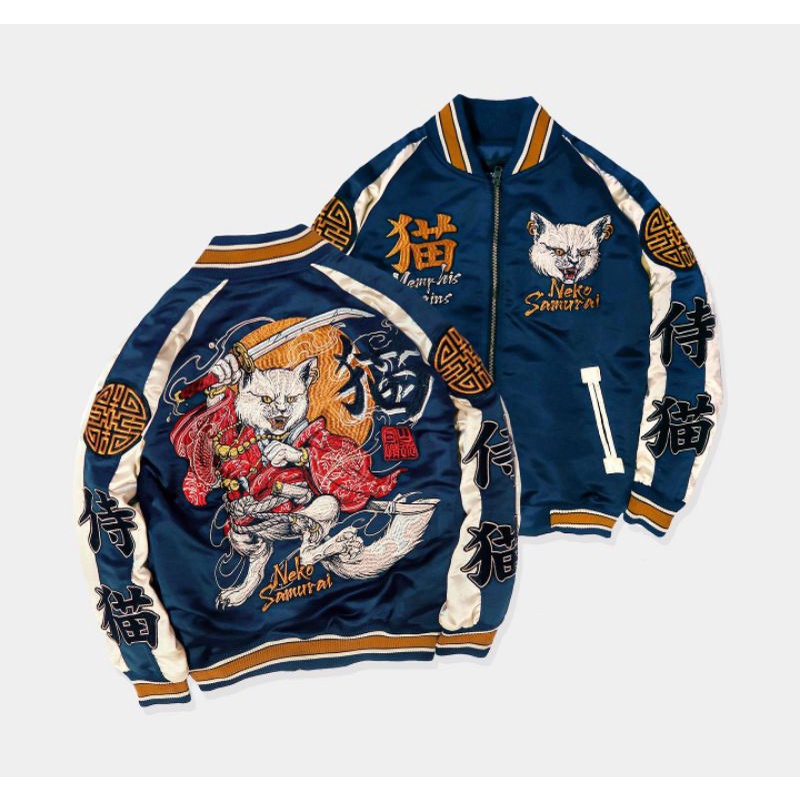Sukajan Memphis Nekosamurai (Navy) - All Size [ORIGINAL]