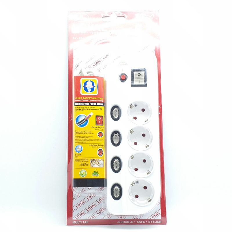 LY-254 Loyal Premium Stop Kontak Arde 4 Lubang + (4+1) Saklar + 1,5Mtr (Untuk Watt Besar) / Colokan