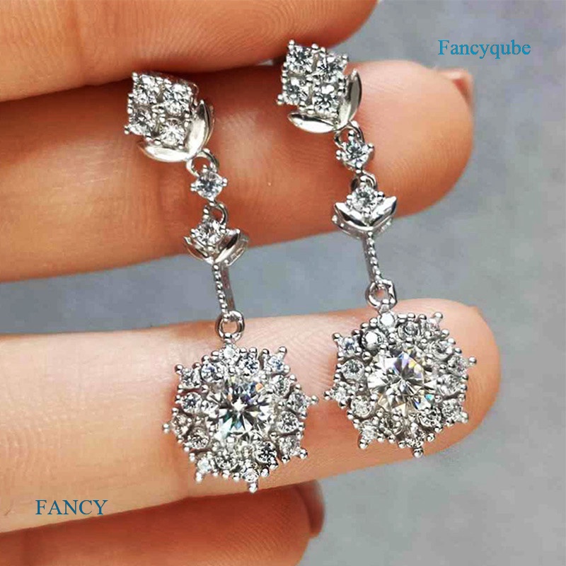 Anting Tusuk Gantung Wanita Warna Silver Hias CZ High Quality Untuk Pernikahan