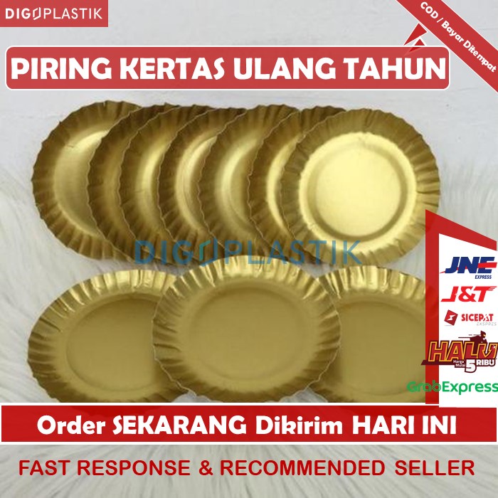 1 LUSIN PIRING EMAS MAS ULANG TAHUN, PIRING KERTAS ULANG TAHUN, PIRING KUE, PIRING KECIL, PIRING PES