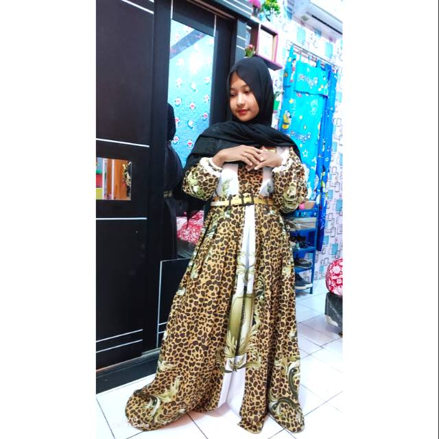 Gamis shr printing leopard macan tutul mewah realpict baju lebaran