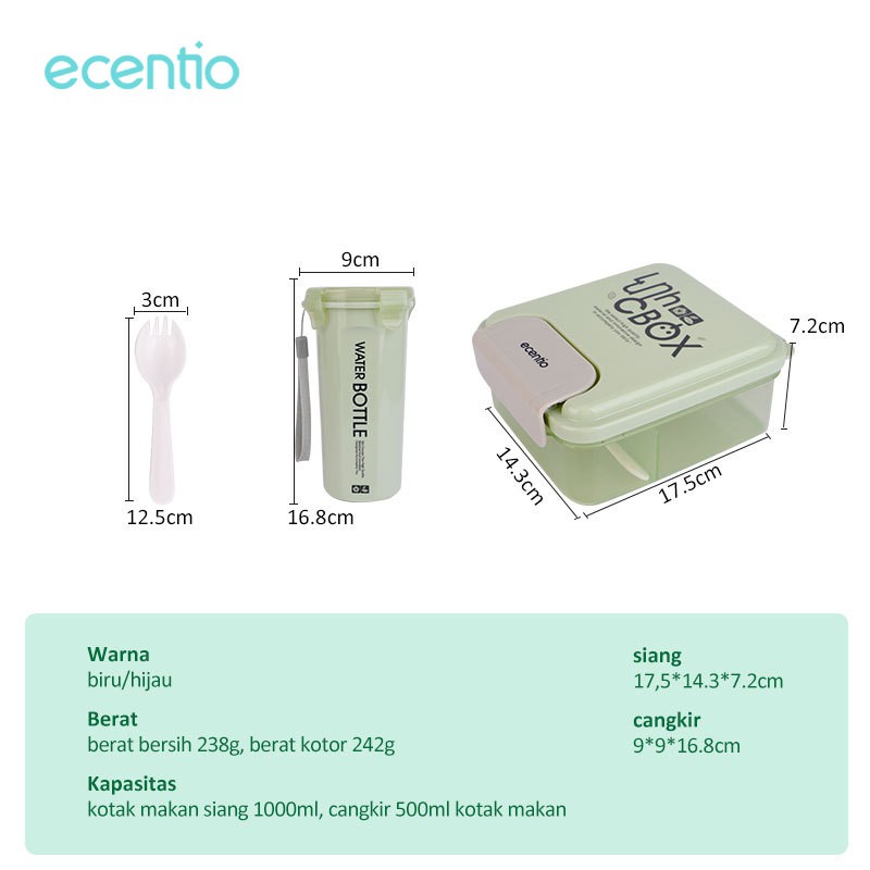 ecentio &amp; FOODI 2/3/4 Sekat 1000ml/1100ml Kotak Makan Set anak Lunch box+anak cangkir 500ml/Lunch Box Set 2/3/4 Grid Kotak Bekal Makan Botol Minum Free Sendok/tempat makan anak/Tempat Makanan anak kecil BPA free/Home &amp; Living/Kitchenware/Food Storage