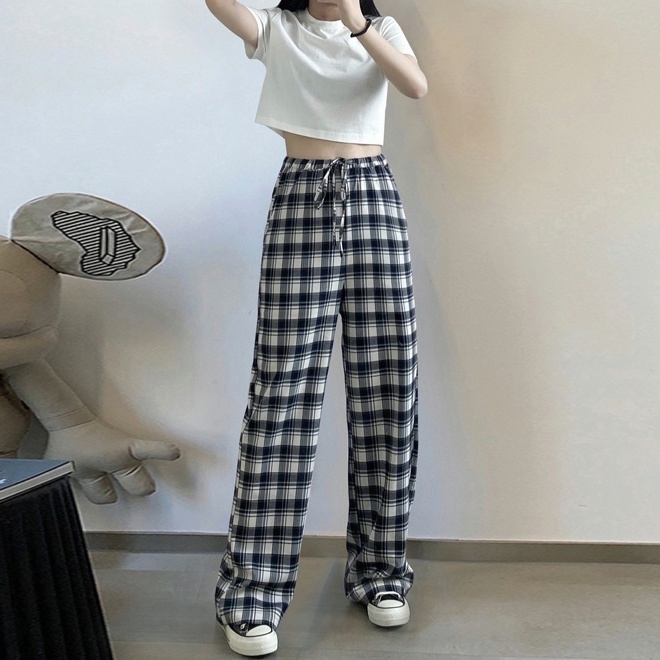 MOOGU ♡ Kasual kotak-kotak celana longgar panjang wanita wide leg pants