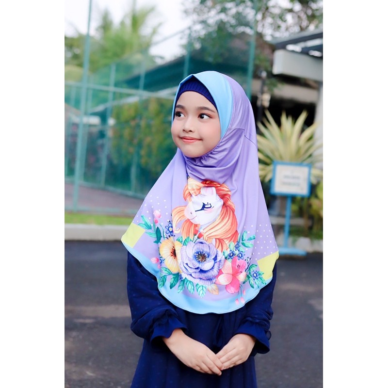 BERGO / HIJAB INSTANT ANAK PRITING MOTIF UNICORN BUNGA / HIJAB ANAK LUCU KARAKTER