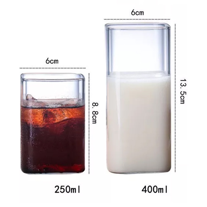 Gelas Mug Unik Kaca Bening Kotak Gelas Es Teh Jus Anti Panas Dingin 250ml dan 400ml