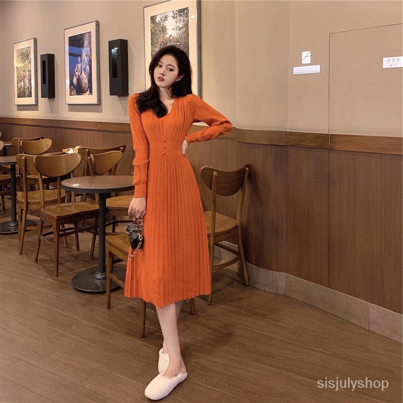 #Sisjuly# Wanita High Waist Dress Baru V-Neck Lengan Panjang Pullover Warna Solid Mid Panjang Rajuta