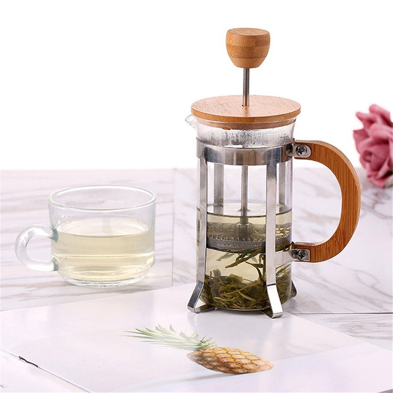 BAYAR DI TEMPAT French Press Coffee Maker Pot Gagang Kayu 350ml - Transparent