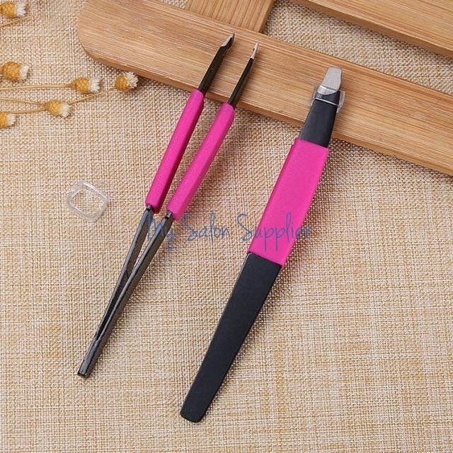 Pinset Stainless Hitam Karet Pink A0194 Alis Mata / Eyebrow Tweezers