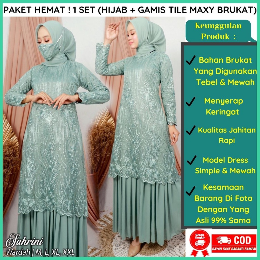 PAKET HEMAT : 1 SET GAMIS TILE MAXXY BRUKAT + HIJAB - GAMIS BRUKAT TUTU - GAMIS PESTA - GAMIS MODERN