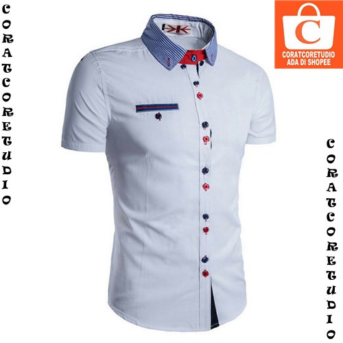 M L XL - Kemeja Pria Polos Lengan Pendek Saku Kerah Kancing Ganda PUTIH BIRU MERAH - CORATCORETUDIO