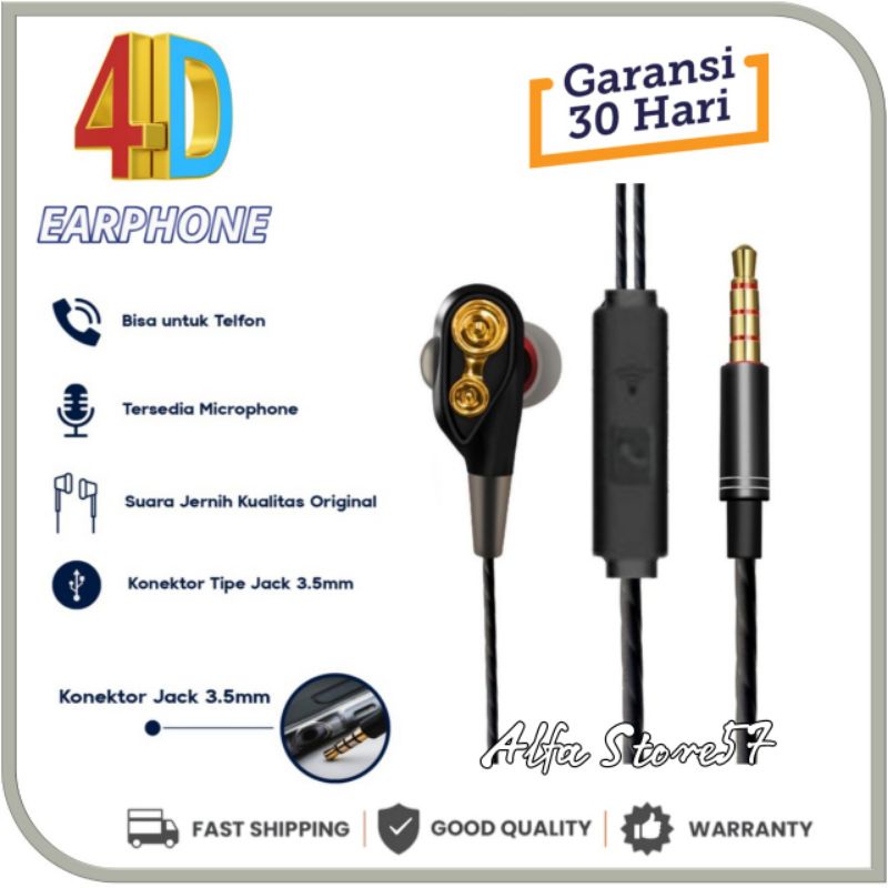 Headset Purebass 4D In ear Buds Double Speaker Setereo Bass Earphone Kabel Jack 3,5mm