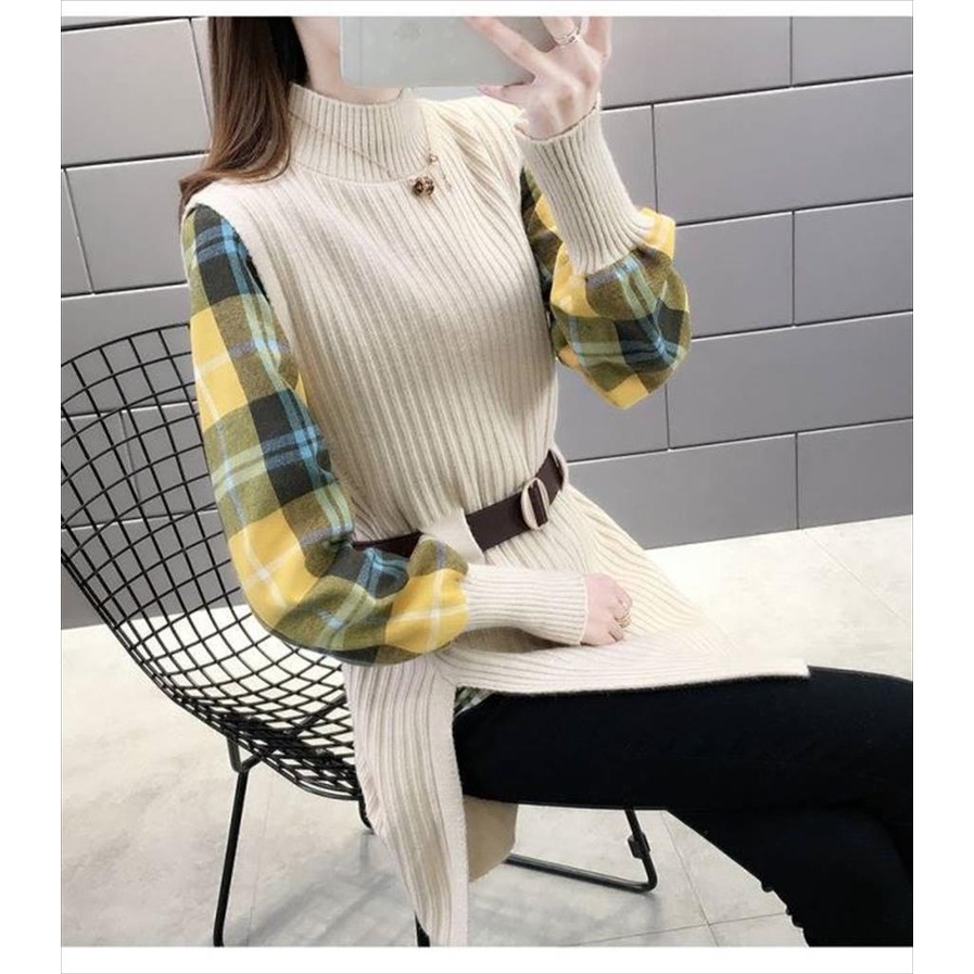 TERBARU ONE SET HIGHNECK KOREAN STYLE/ SETELAN KEMEJA FLANEL DAN RAJUT IMPORT  FS Bangkok