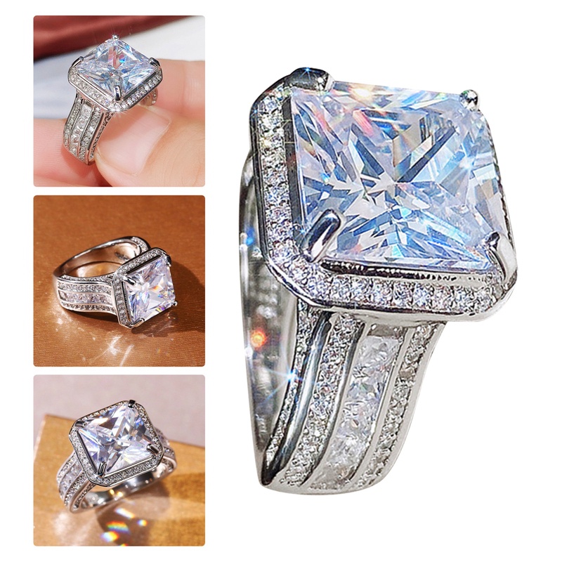 Cincin Cubic Zirconia Bentuk Persegi Warna Silver Untuk Wanita