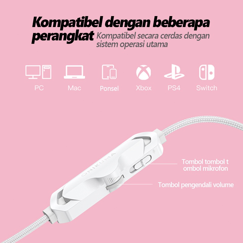 ONIKUMA X10 Pink Cute Cat Ears RGB Head-Mounted PC Gaming Headset RGB Earphone Pembatalan Kebisingan Headphone Gaming