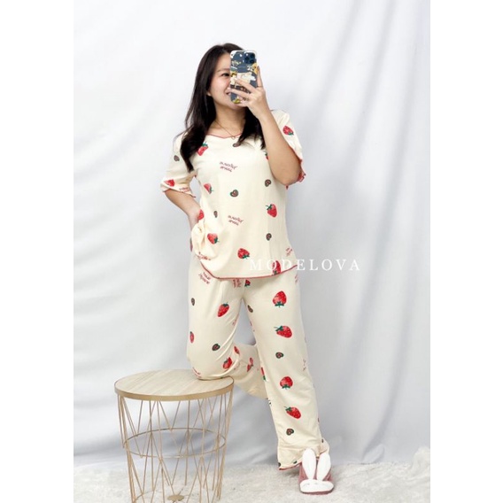 MDLV ~ Baju Tidur Strawberry Love CP Set Baju Tidur Dewasa Piyama Import Celana Panjang Fashion Import