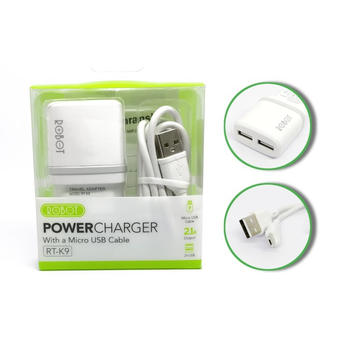 1 SET CHARGER + KABEL MICRO USB ROBOT RT-K9 12W 2.1A KUALITAS PATEN GARANSI RESMI