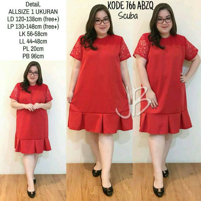 SUPPLIER JUMBOBIGSIZE: BAJU DRESS TERUSAN SCUBA BRUKAT RAMPEL IMLEK MERAH RED SINCIA JUMBO BIG SIZE