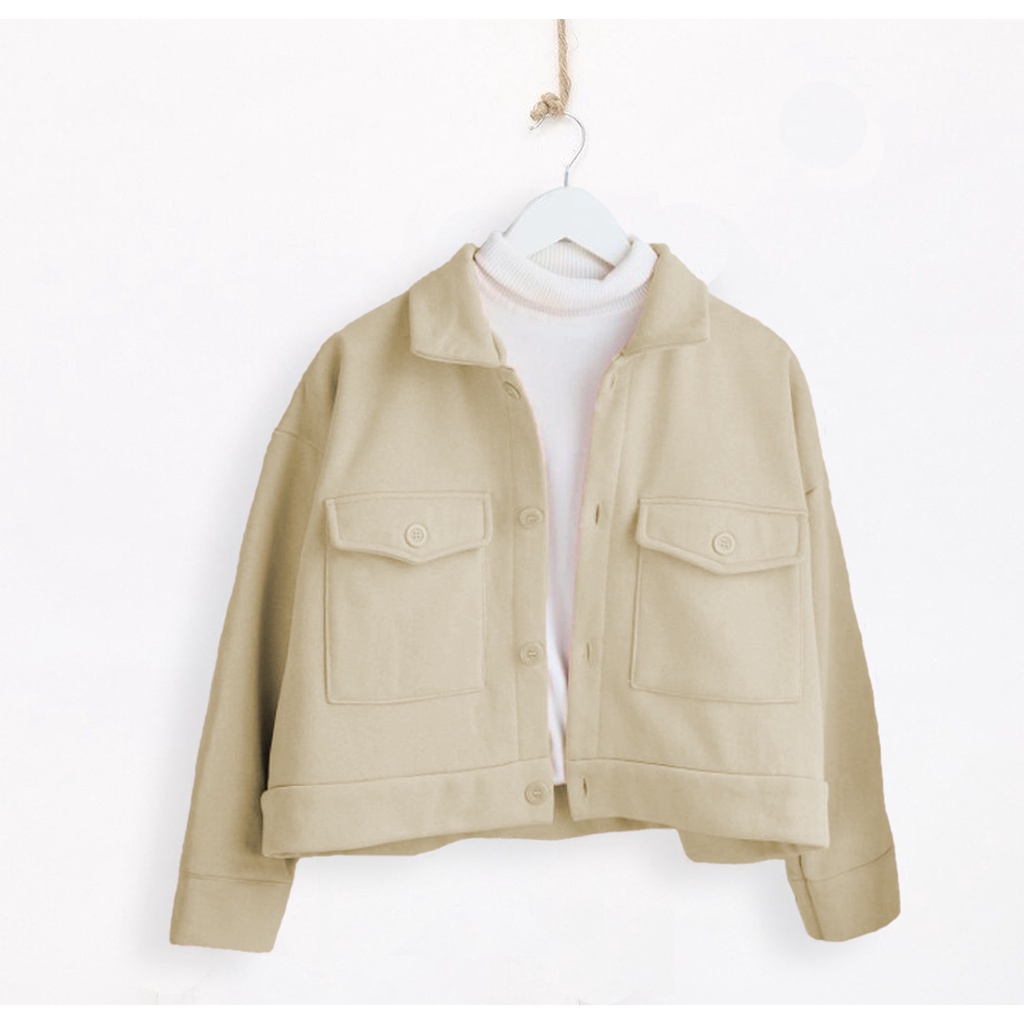 Jaket Wanita Button Outer Jaket Modis Wanita Musim semi Longgar Solid Fashion Korea Untuk Sehari har-Jacket Poket Ivory