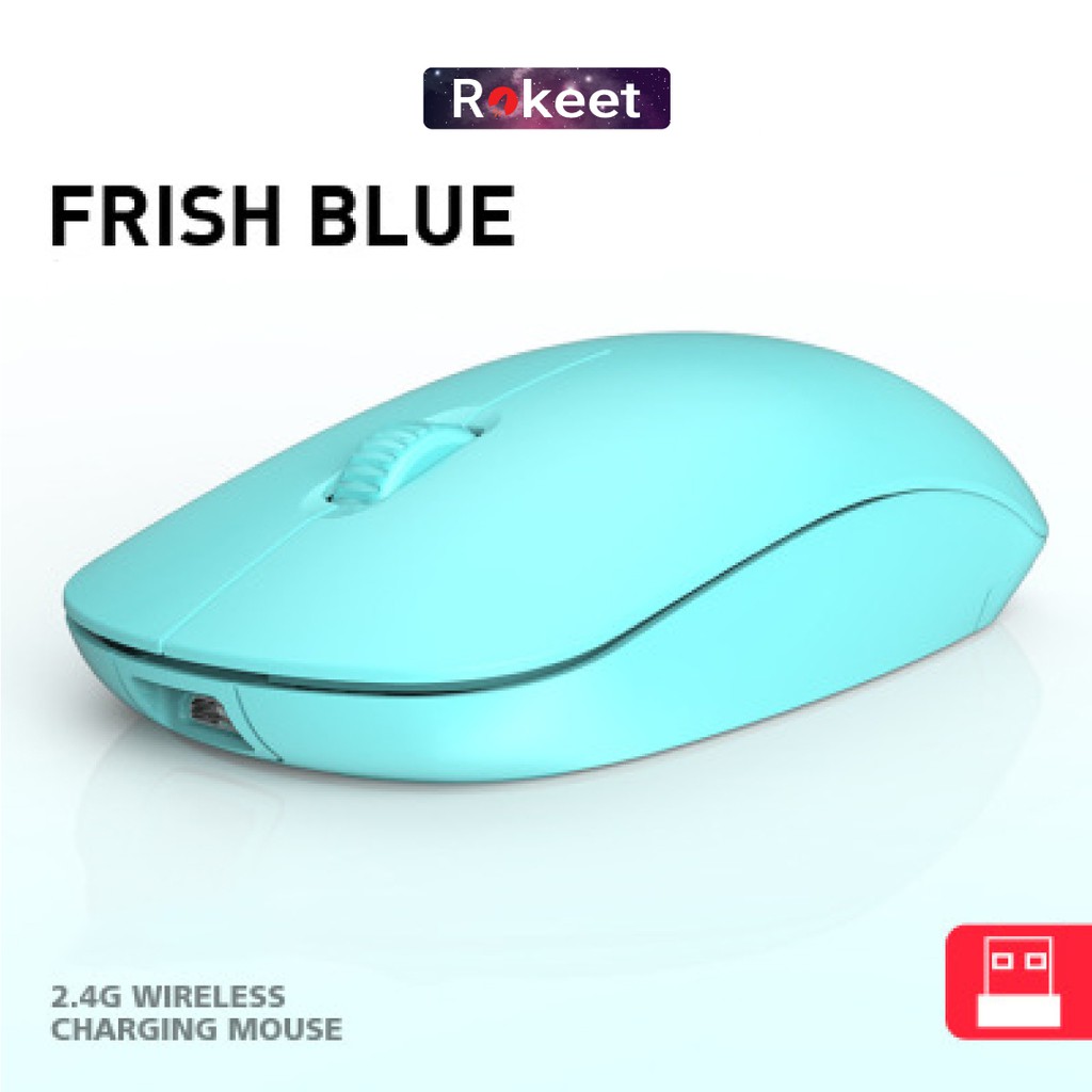 Rokeet Mouse Wireless Silent Click Rechargeable Optical Mouse Gaming 2.4Ghz-Biru