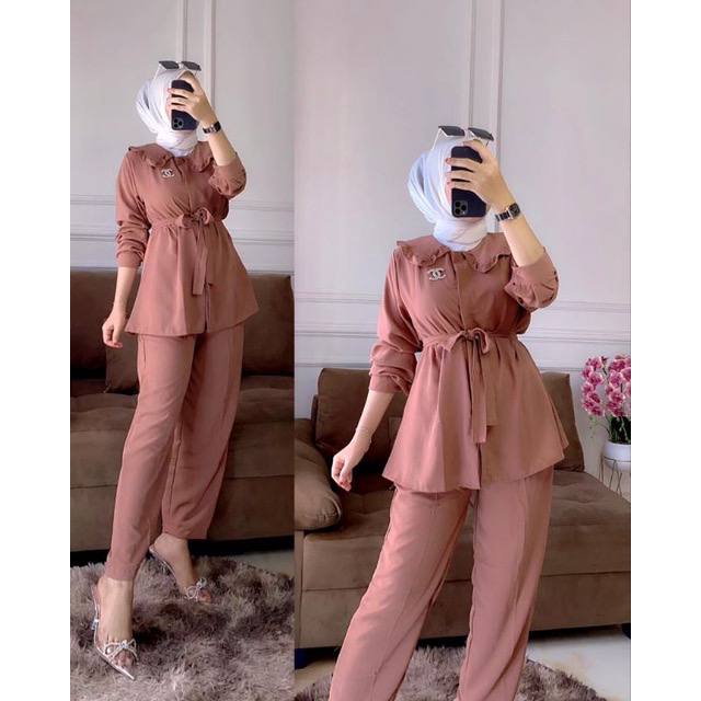 Denada Set - One Set Wanita Kekinian Kemeja Crinkle Airflow Setelan Wanita Celana Kulot LD 110 cm