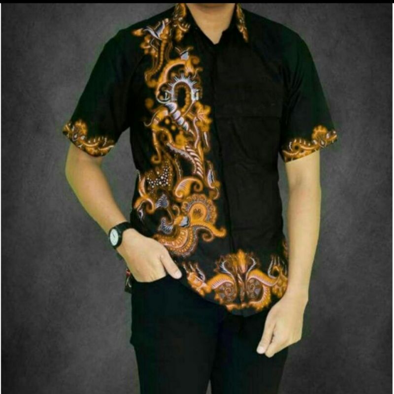 PROMO 1.1 flash sale~Baju batik pria lengan pendek Batik modern || Hem blok hitam warna kombinasi