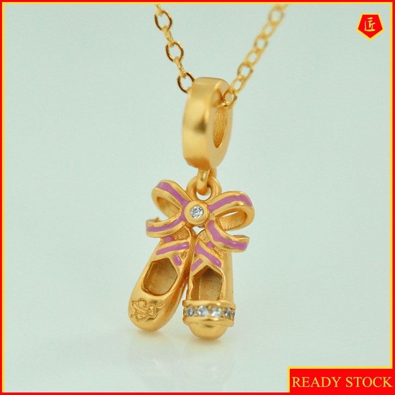 [Ready Stock]Fashion Creative Ballet Shoes Jeweled Pendant Pink Bow Gold Necklace Lucky Beads