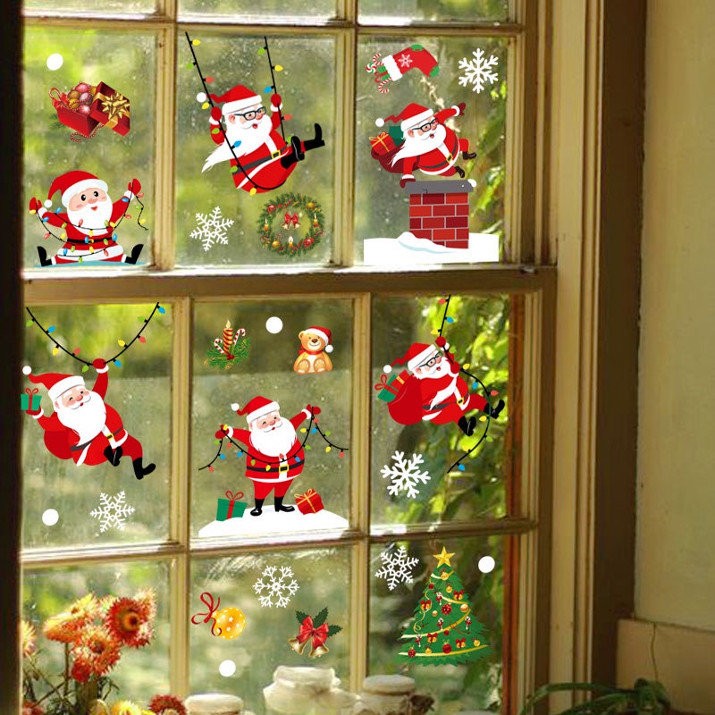 [ Self Adhesive Santa Claus Glass Static Sticker Decoration for Home Living Room Bedroom  New Year Xmas ]