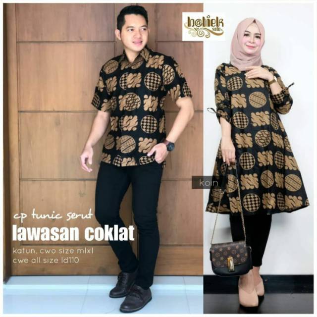 Batik Couple Tunik Serut | Kemeja Batik | Batik Lawasan Coklat | Batik Sogan | COD Terbaru