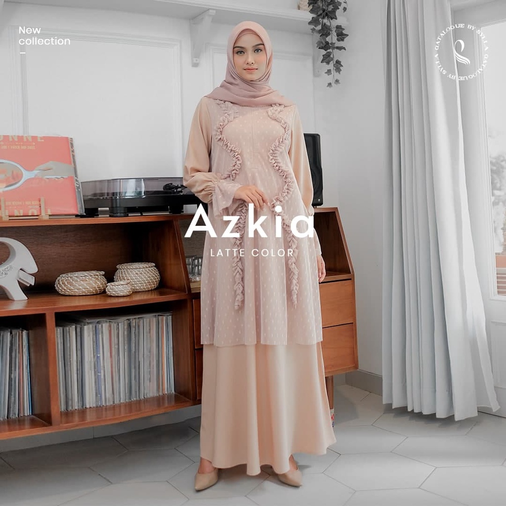Dress Brukat Tile Muslim Party Gamis Kondangan Modern Premium AZKIA Latte by Sylla Hijab