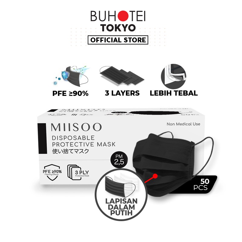 BUHOTEI Disposable Masker wajah EVO Earloop Face Mask Kesehatan masker medis-MS-Black 50pcs