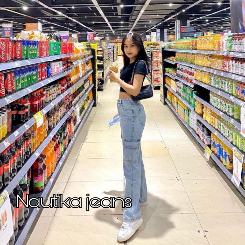 Celana cargo jeans Highwaist Baggy jeans celana panjang cargo