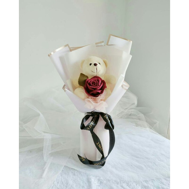 Echiiglo - buket bunga mawar flanel single teddy bear / kado ultah wisuda wedding anniversary valentine day Premium cewe cowo cewek cowok ulang tahun valentines mothers day hari ibu