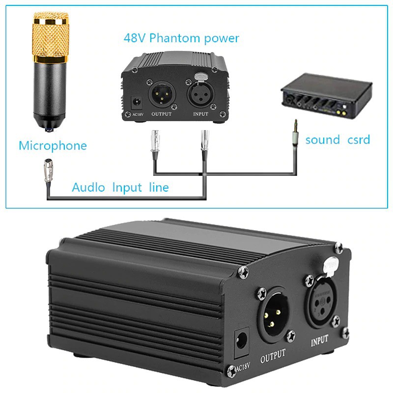 PHANTOM POWER SUPPLY 48V XLR CONDENSER MIC Audio KARAOKE PENGUAT MICROPHONE