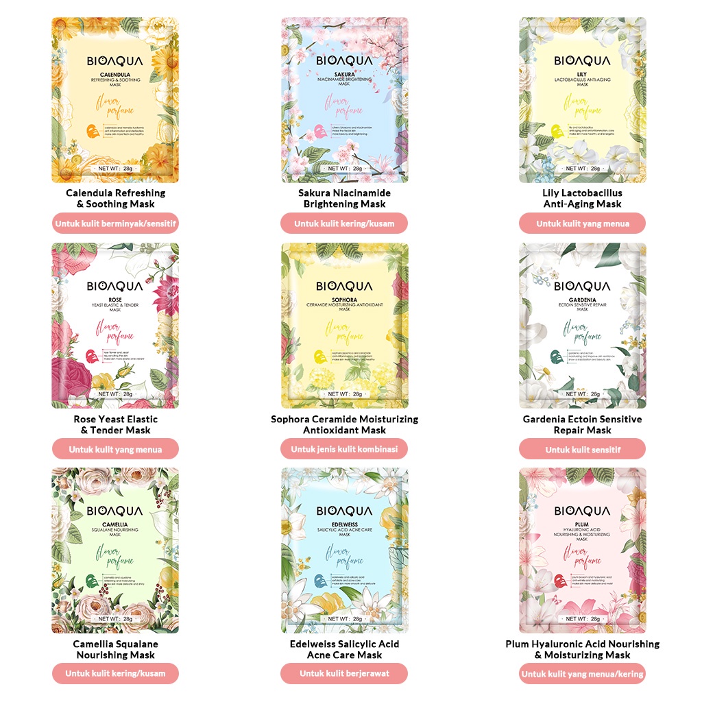 ⭐️ Beauty Expert ⭐️ BIOAQUA Sheet Mask Masker Wajah Flowers Series (28g/pcs) Hydrating Essence Face Mask Brightening dan Anti Acne