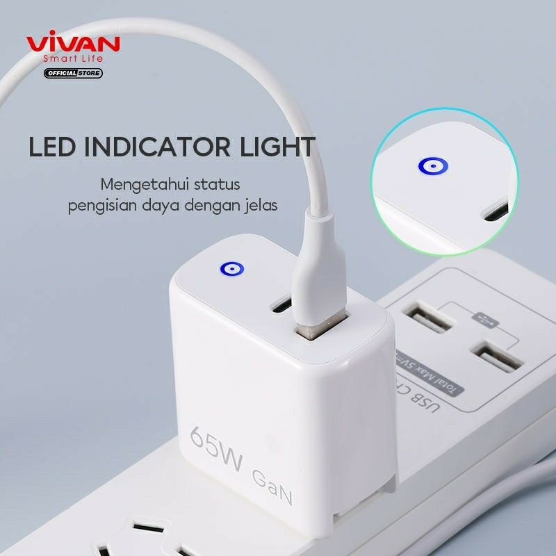 VIVAN GaN02S GAN 02S Charger Fast Charging 65W 5.4A GaN Technology QC4.0 USB &amp; Type-C Port US/EU 2 in1 Travel