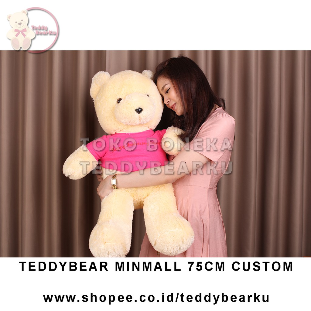 Teddy Bear Cream Baju Pink+ Tulisan Custom Boneka Beruang Mini Mall 75CM XL