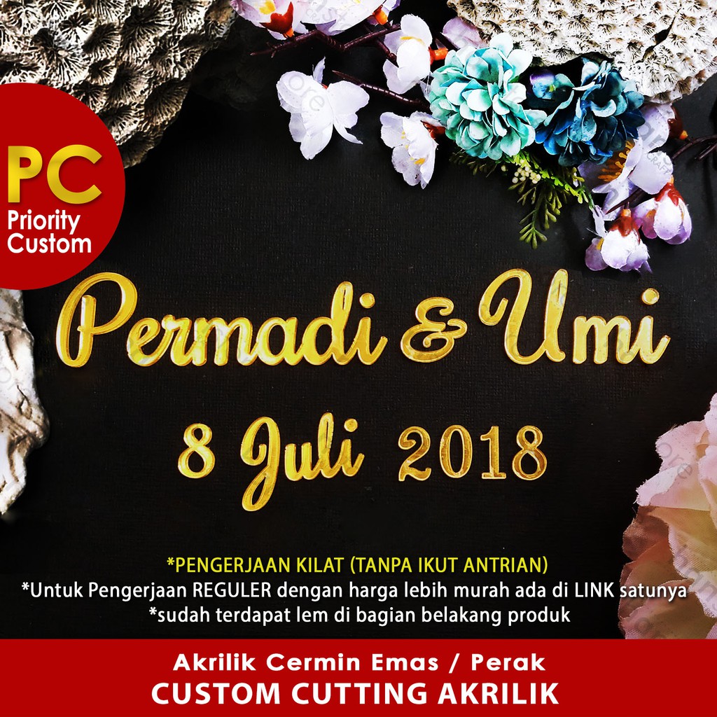 PC EXPRESS PO Nama Tanggal Nominal CUSTOM Akrilik Cermin Emas / Perak Dekorasi Mahar Seserahan